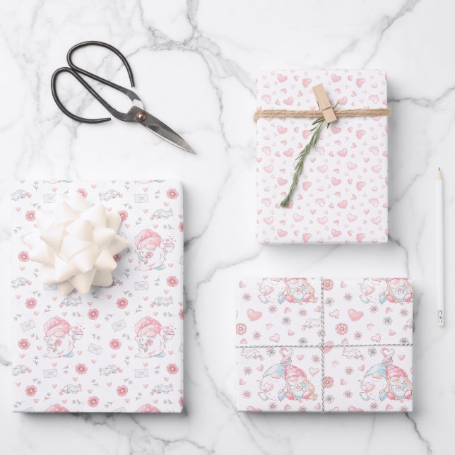 Whimsical Gnome Valentine's Day Wrapping Paper Sheet (Front)