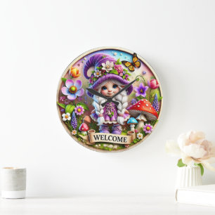Whimsical Gnome Welcome Clock: Floral Fantasy Large Clock