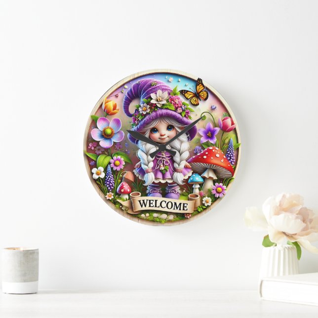Whimsical Gnome Welcome Clock: Floral Fantasy Large Clock (Home)