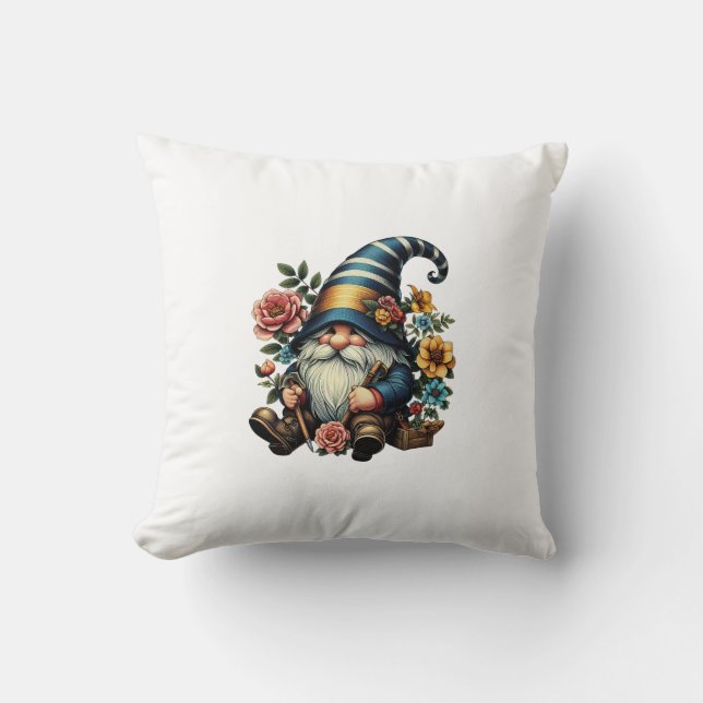 Whimsical Gnome with Flowers Cushion (Front)