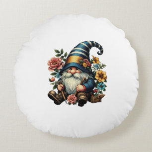 Whimsical Gnome with Flowers Round Cushion