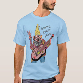 Whimsical Gnome with Peace Guitar, Groovy 60s Vibe T-Shirt