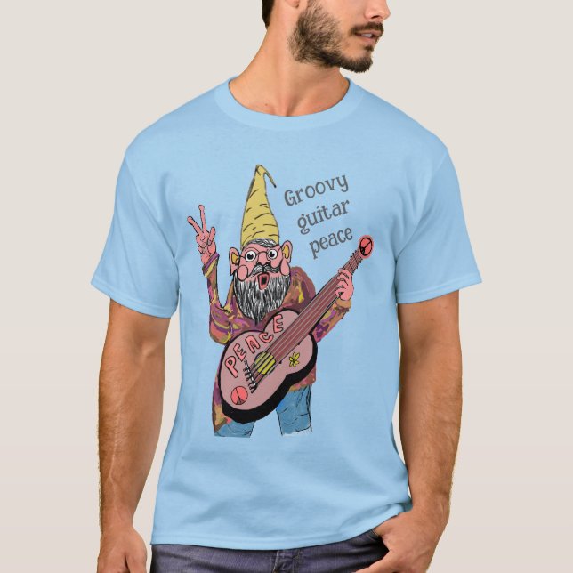 Whimsical Gnome with Peace Guitar, Groovy 60s Vibe T-Shirt (Front)