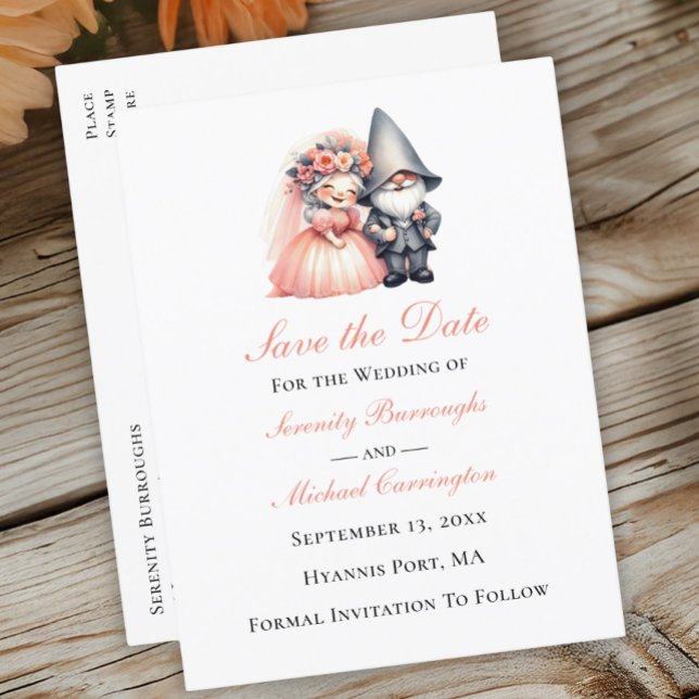 Whimsical Gnome Woodland Orange Wedding Save Date Announcement Postcard (Creator Uploaded)