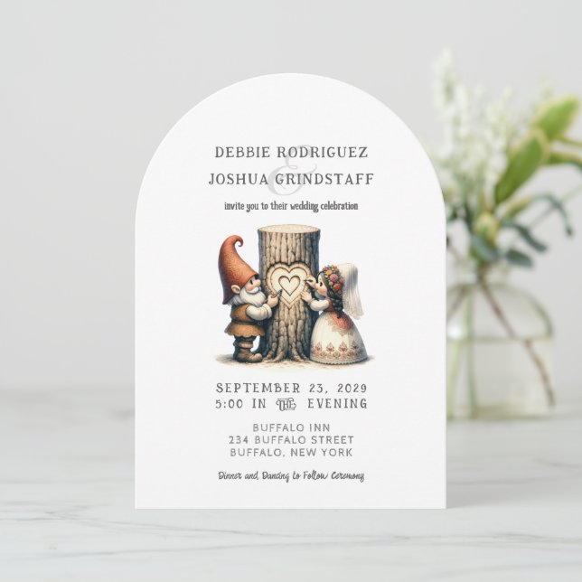 Whimsical Gnomes Fun Wedding Invitation  (Standing Front)
