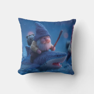 Whimsical Gnomes Riding on Sharks Cushion
