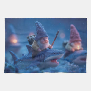 Whimsical Gnomes Riding on Sharks Tea Towel