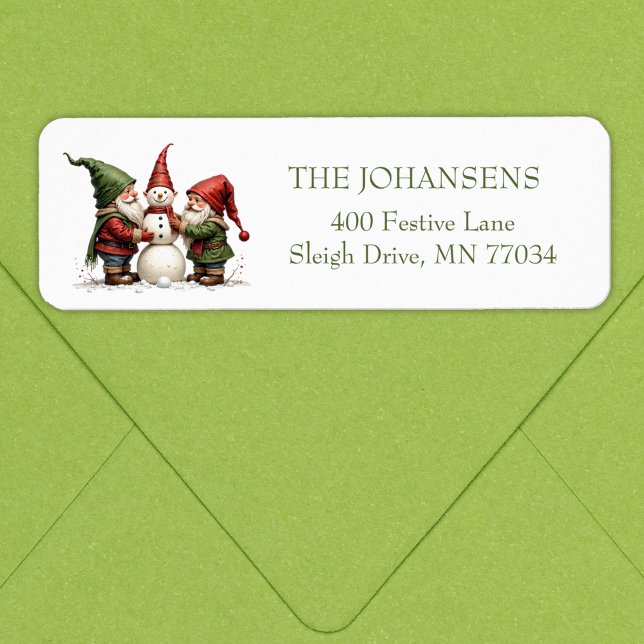 Whimsical Gnomes Snowman Christmas Return Address  Label (Christmas Gnomes building a Snowman. Personalize it!)