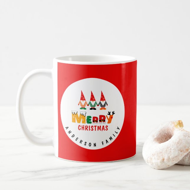 Whimsical Gnomes with Name Red Merry Christmas Coffee Mug (With Donut)
