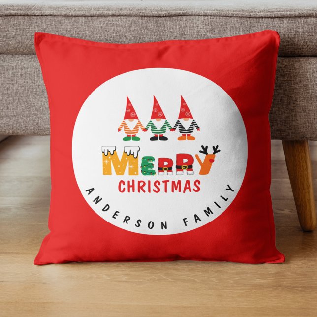Whimsical Gnomes with Name Red & White Christmas Cushion (Creator Uploaded)