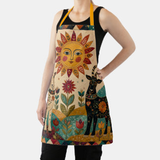 Whimsical Goats Folk Art Apron