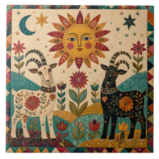 Whimsical Goats Folk Art Ceramic Tile