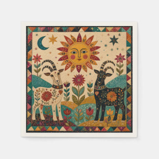 Whimsical Goats Folk Art Napkin