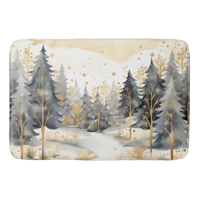 Whimsical Gold and Grey Winter in the Woods Bath Mat (Front)