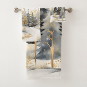 Whimsical Gold and Grey Winter in the Woods Bath Towel Set