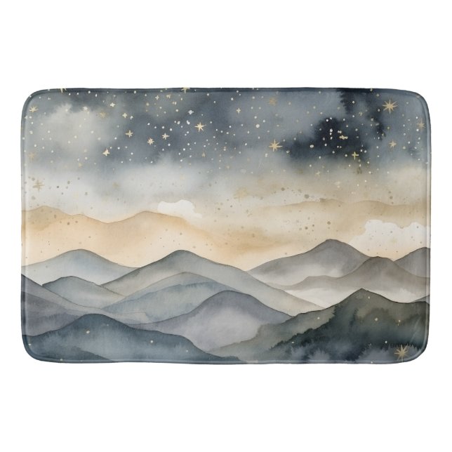 Whimsical Gold and Navy Mountains Starry  Night Bath Mat (Front)
