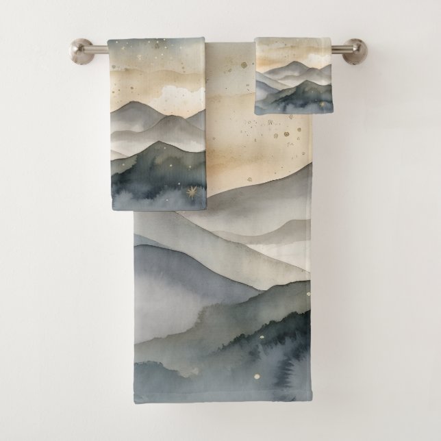 Whimsical Gold and Navy Mountains Starry  Night Bath Towel Set (Insitu)