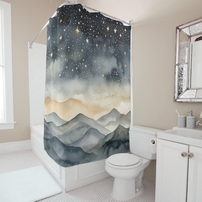 Whimsical Gold and Navy Mountains Starry  Night Shower Curtain (In Situ)