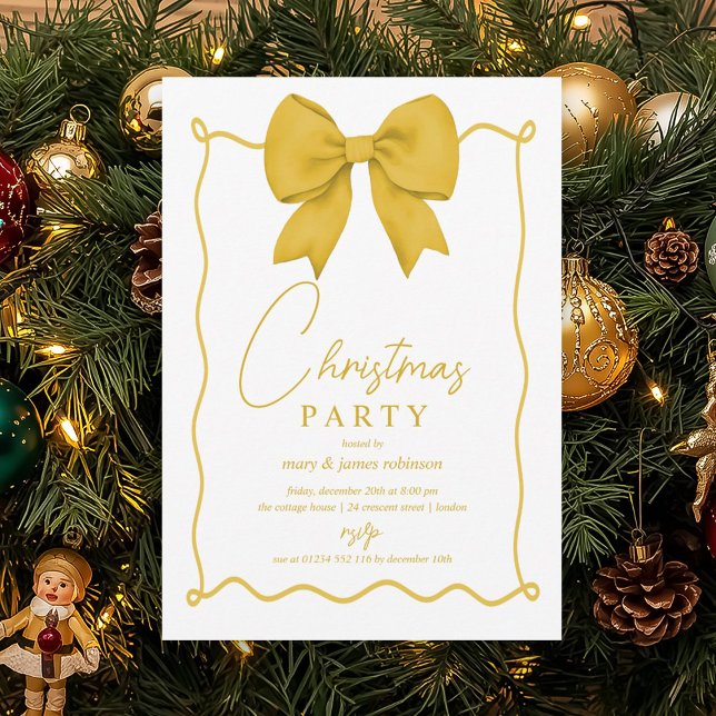 Whimsical Gold Bow Christmas Holiday Party  Invitation (Whimsical Gold Bow Christmas Holiday Party Invitation)