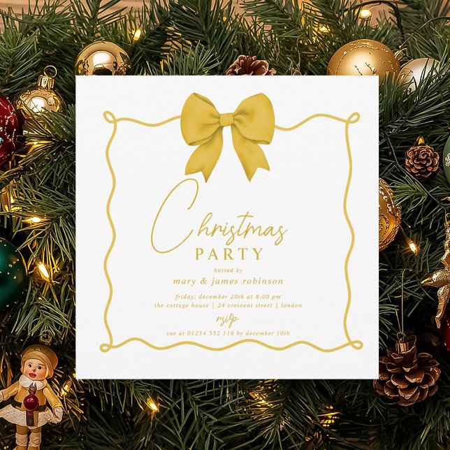 Whimsical Gold Bow Christmas Holiday Party  Invitation (Whimsical Gold Bow Christmas Holiday Party Invitation)