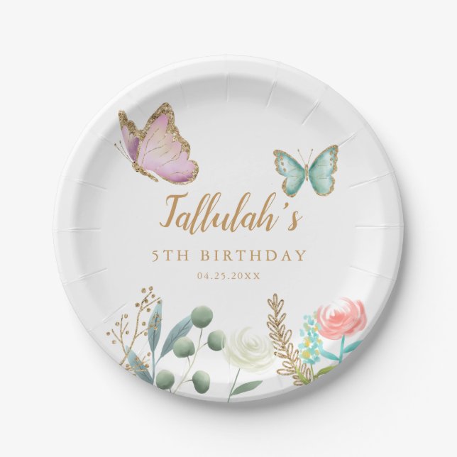 Whimsical Gold Butterfly Garden Birthday Party Paper Plate (Front)