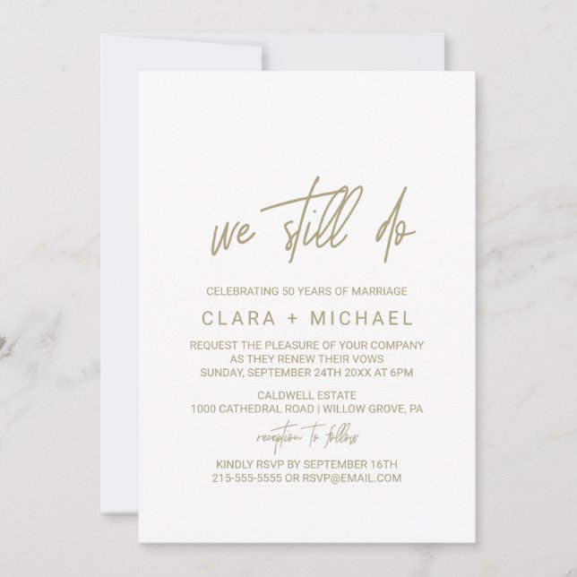 Whimsical Gold Calligraphy Vow Renewal Invitation (Front)