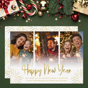 Whimsical Gold Fireworks Happy New Year Photo Holiday Card