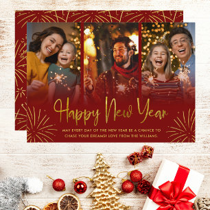 Whimsical Gold Fireworks Happy New Year Photo Holiday Card