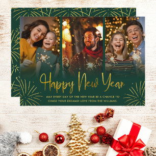 Whimsical Gold Fireworks Happy New Year Photo Holiday Card