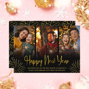 Whimsical Gold Fireworks Happy New Year Photo Holiday Card