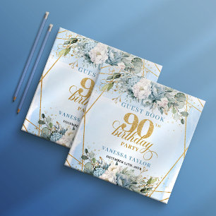 Whimsical Gold Frame Dusty Blue Flowers 90th  Guest Book
