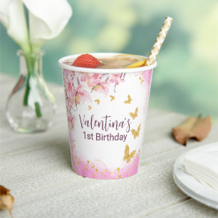 Whimsical Gold Glitter Butterflies Pink Flowers Paper Cups