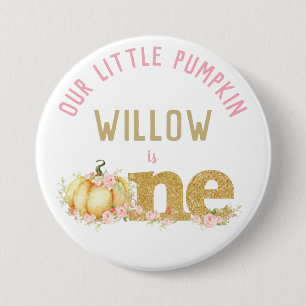Whimsical Gold Glitter Pumpkin 1st Birthday Girl 7.5 Cm Round Badge