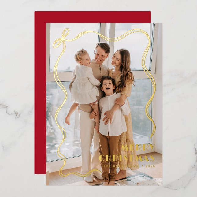 Whimsical Gold Ribbon Family Photo Merry Christmas Foil Holiday Card (Front/Back)