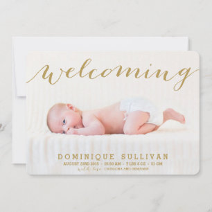 Whimsical Gold Script Photo Birth Announcement
