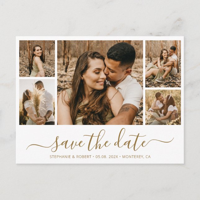 Whimsical Gold Script Photo Collage Save The Date Invitation Postcard (Front)