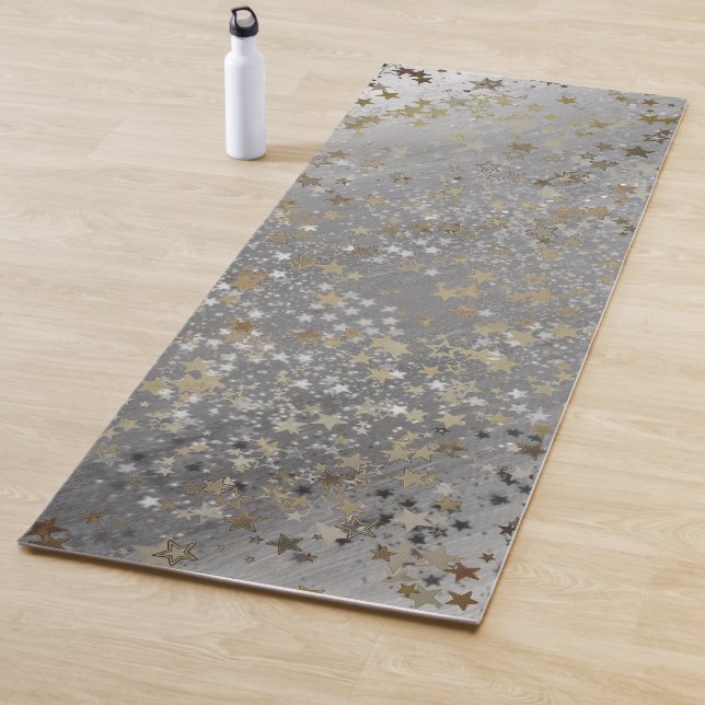 Whimsical Gold Silver Stars on Ombre Grey Yoga Mat (In Situ)
