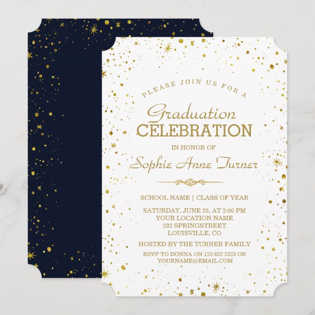 Whimsical Gold Sparkle Starry Sky Graduation Party Invitation (Front/Back)