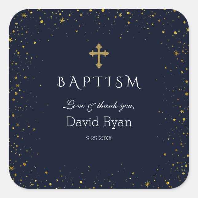 Whimsical Gold Starry Night Boy Baptism Square Sticker (Front)