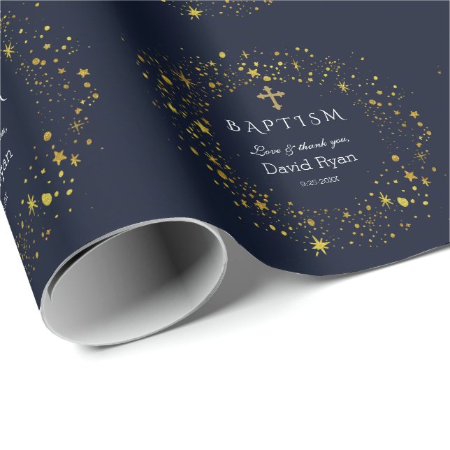 Whimsical Gold Starry Night Boy Baptism Wrapping Paper (Roll Corner)