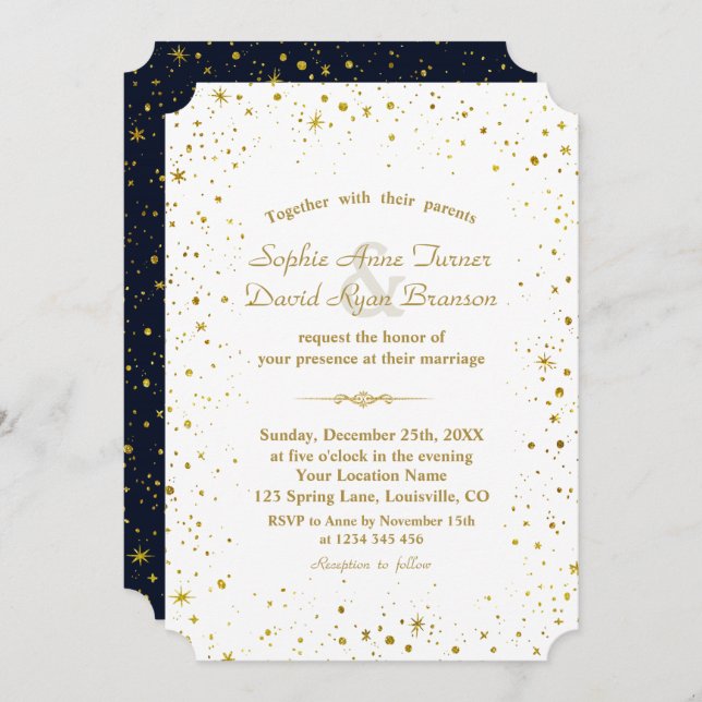 Whimsical Gold Starry Night Navy Blue Wedding Invitation (Front/Back)