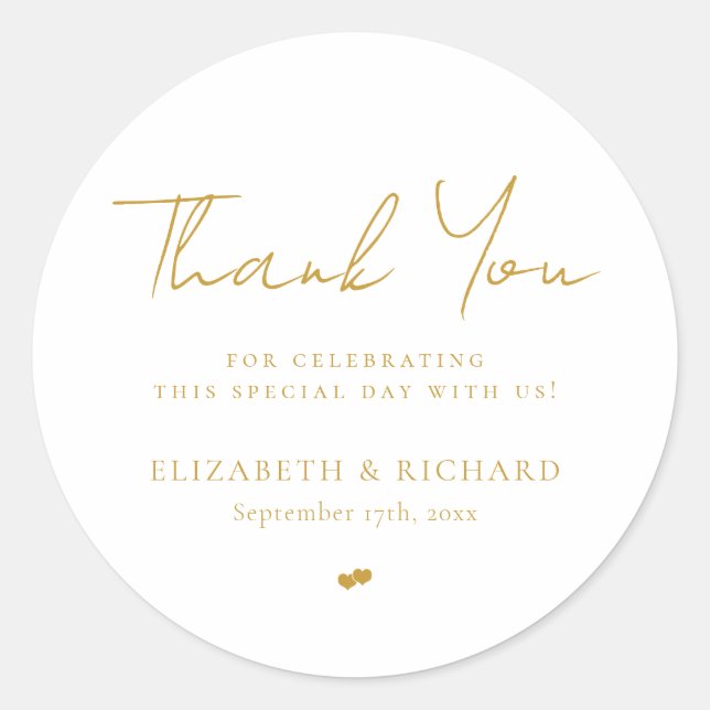 Whimsical Gold White Script Thank You Wedding Classic Round Sticker (Front)