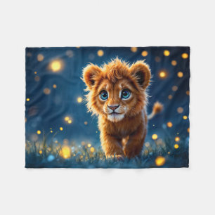 Whimsical golden lion cub in dreamlike scene fleece blanket