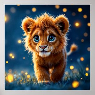 Whimsical golden lion cub in dreamlike scene poster