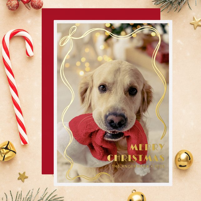 Whimsical Golden Ribbon Pet Photo Merry Christmas Foil Holiday Card (Creator Uploaded)