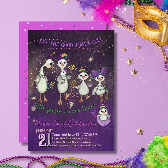Whimsical Goose Family Mardi Gras Purple Pink Invitation (Whimsical Goose Family Mardi Gras Purple Pink Invitation)