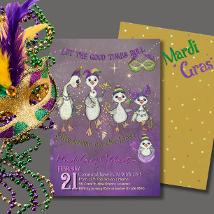 Whimsical Goose Family Mardi Gras Purple Yellow Invitation