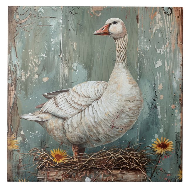 Whimsical Goose on a Nest Ceramic Tile (Front)