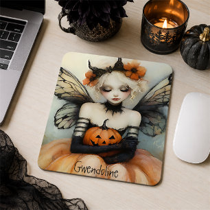 Whimsical Goth Fairy & Pumpkin Custom Halloween Mouse Pad