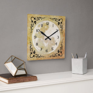 Whimsical Goth Full Moon Halloween Square Wall Clock